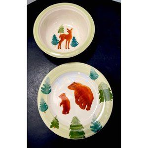 Hartstone USA Bear Bowl W/ Deer Inside And Mama Bear & Cub Plate ~ Lot Of 2 RARE